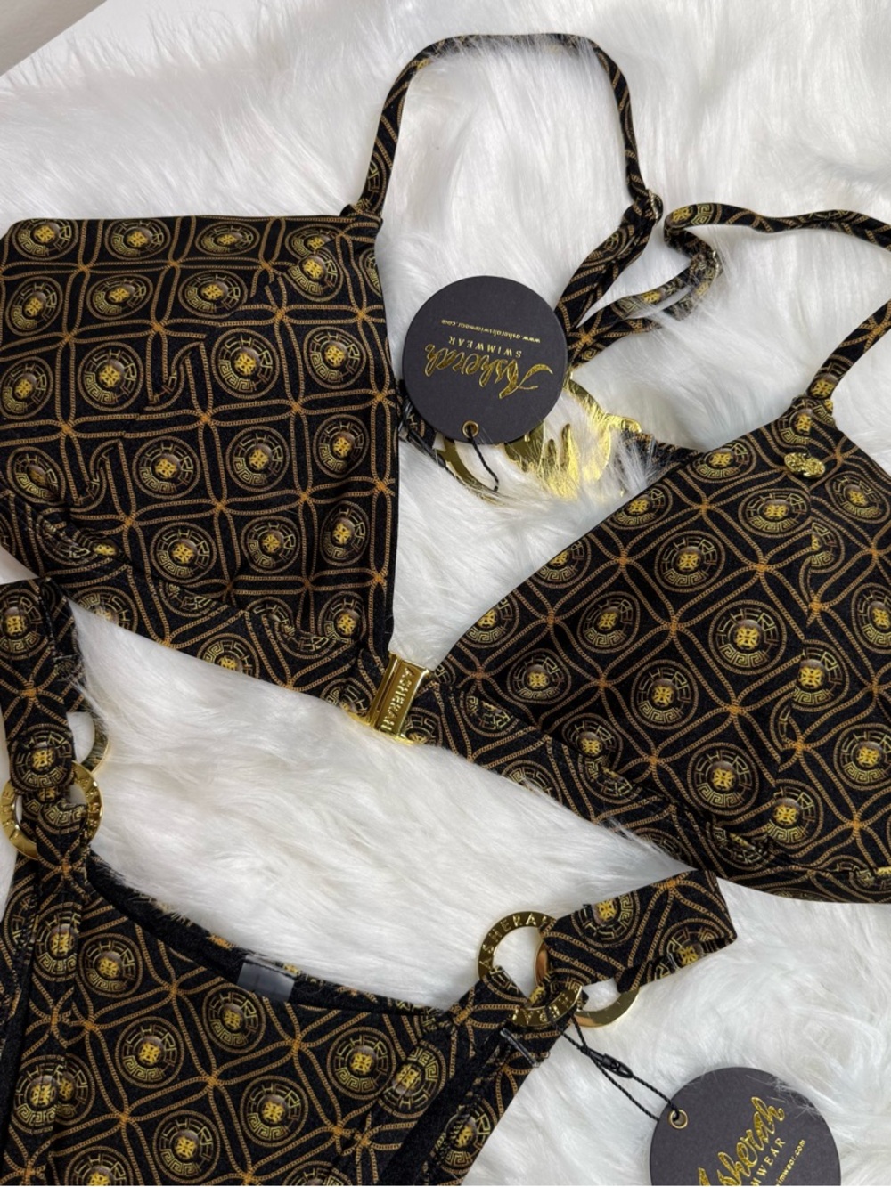 Asherah swim Black and Gold Medallion Pattern Bikini Top